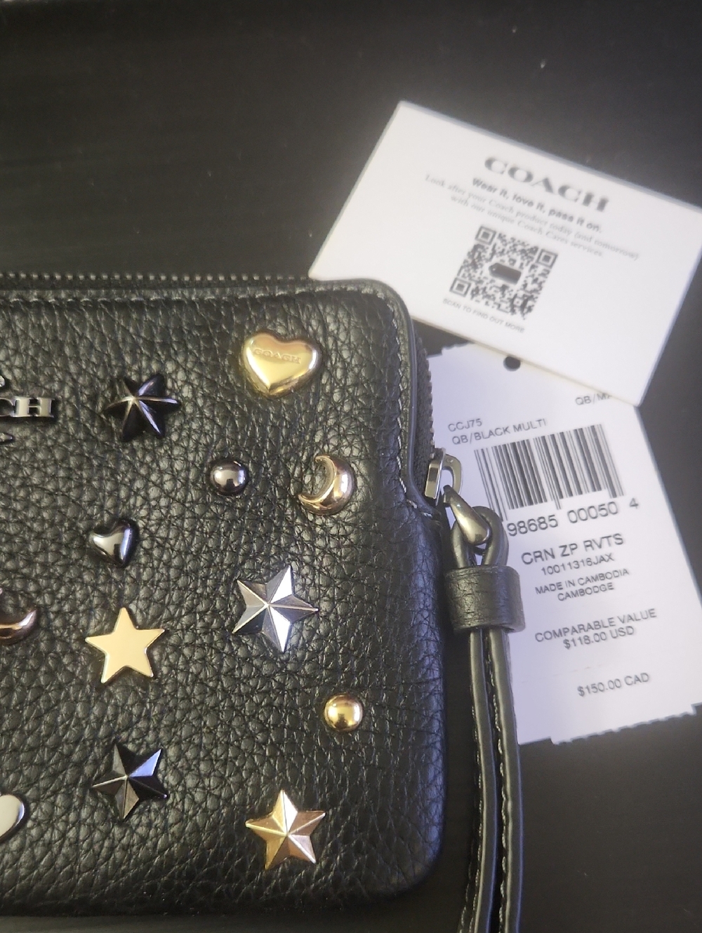 Coach Black Pebbled Leather Wristlet with Mixed Metal Star & Heart Studs - Picture 4 of 6